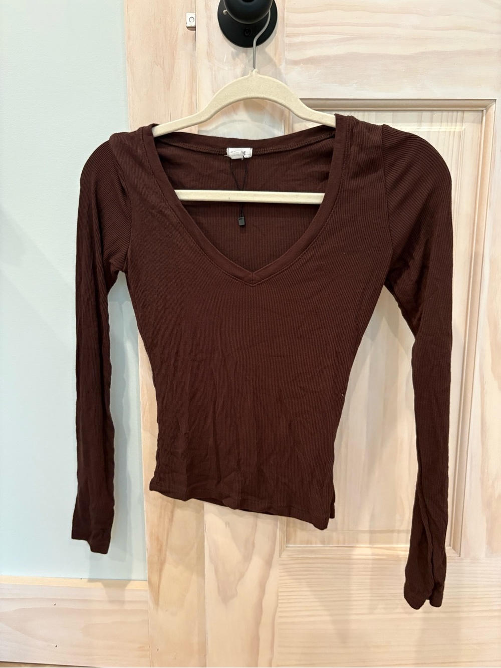 Garage Brown V-Neck Ribbed Long Sleeve Top